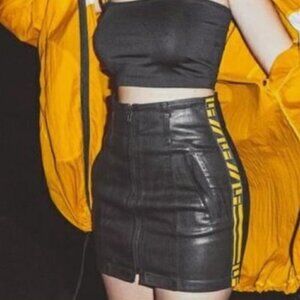 LF NWT Anne Black Wax Coated Denim Mini Skirt Size 23 Yellow Logo MSRP $268